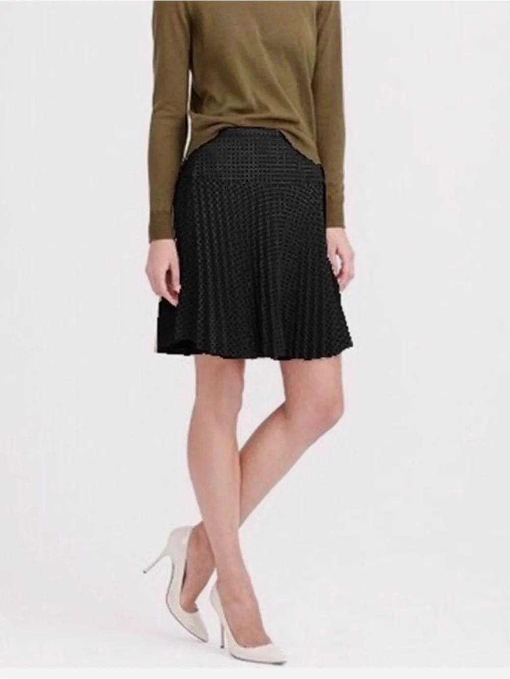 J. Crew black laser cut pleated A-line skirt.